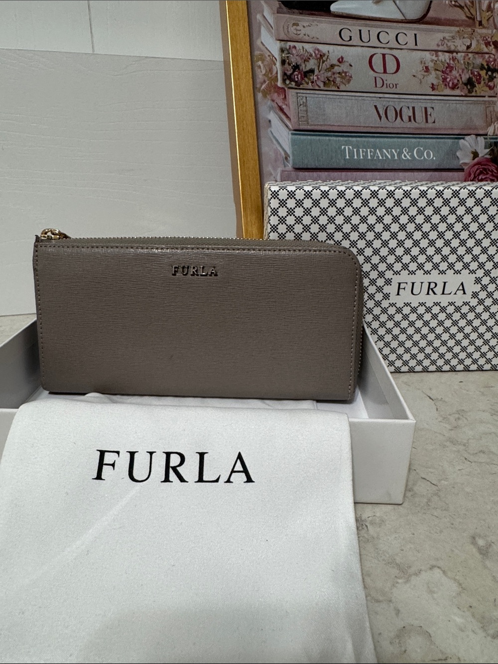 Furla Saffiano Leather Zip Wallet in Taupe with Dustbag and box